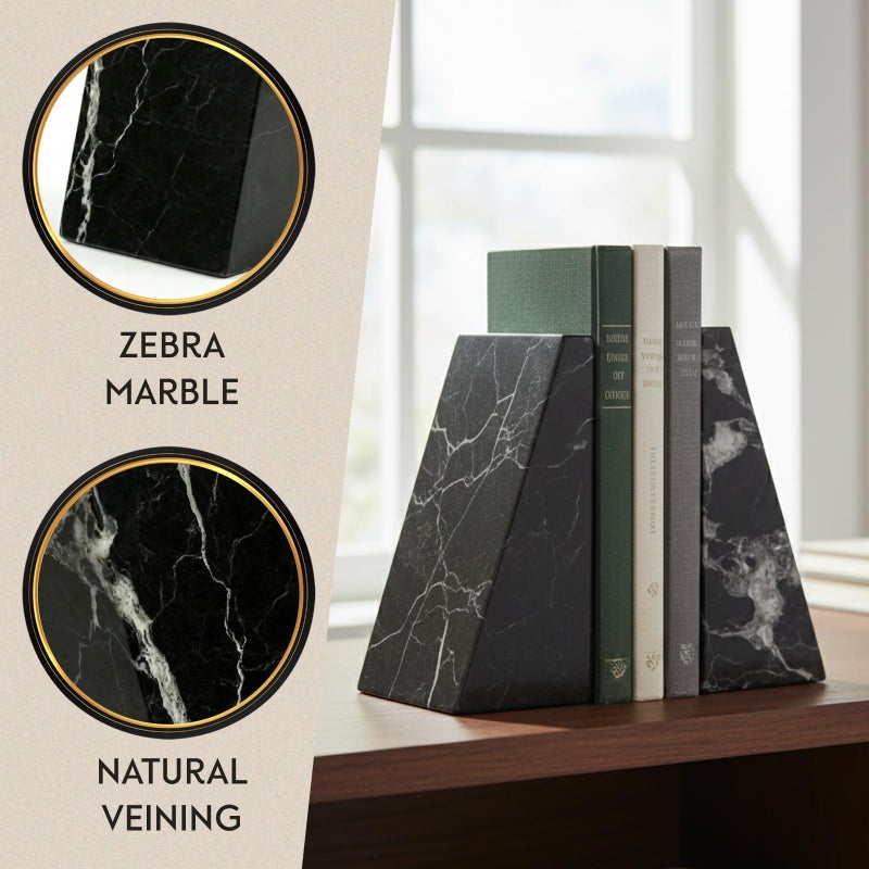 Bey-Berk Whitney Zebra Marble Bookends (Black, Set of 2), 4" x 2.5" x 6" Heavy Wedge Book Ends for Desk, Shelf, or Office - Image 3
